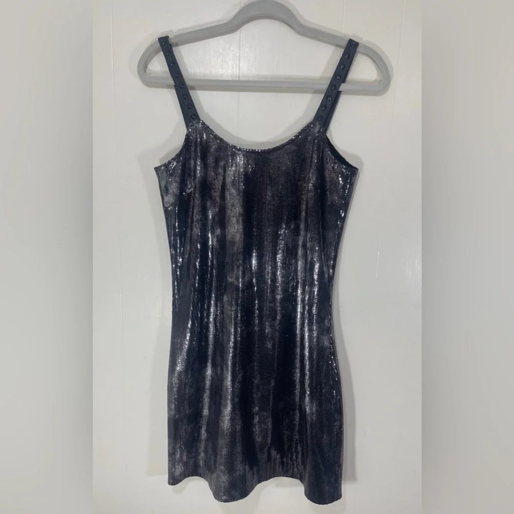 Young by Yoyo Yeung Leather Black Gold Sequined Mini Dress Women’s Size Medium